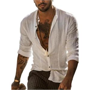 image:imageGORGLITTER Mens Linen Button Down Shirt Long Sleeve Textured Henley Collared Boho Vacation TopsWhite