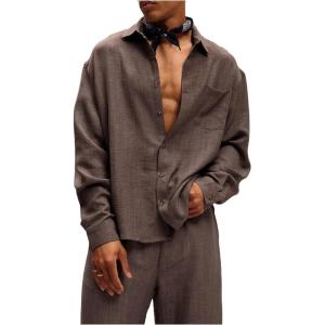 image:imageGORGLITTER Mens Linen Shirts Summer Casual Button Down Long Sleeve Lightweight Fall Trendy Shacket Collared Shirt TopsBrown