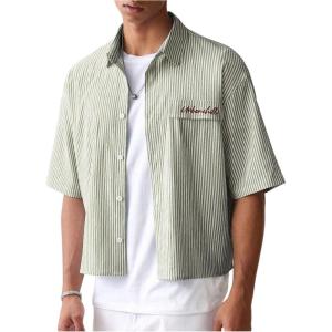 image:imageGORGLITTER Mens Striped Button Down Up Cropped T Shirt Short Sleeve Letter Summer Vacation Shirts Boxy Tees StreetwearGreen