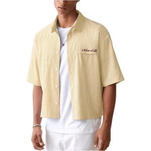 image:imageGORGLITTER Mens Striped Button Down Up Cropped T Shirt Short Sleeve Letter Summer Vacation Shirts Boxy Tees StreetwearYellow