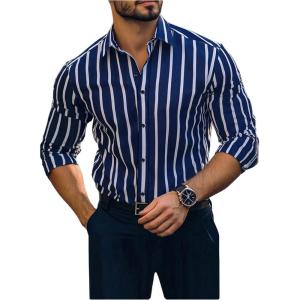 image:imageGORGLITTER Mens Striped Button Up Dress Shirt Long Sleeve Collared Business Work Casual Shirts Streetwear TopsBlue and White
