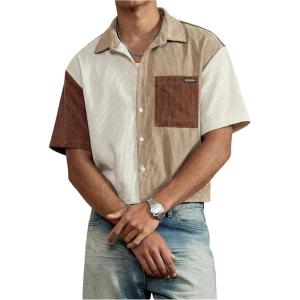 image:imageGORGLITTER Mens Striped Cropped Shirt Button Down Cool Short Sleeve Colorblock Collar Casual Streetwear Crop Top TeeKhaki