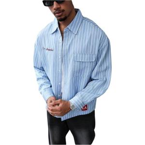 image:imageGORGLITTER Mens Striped Shirt Letter Embroidered Long Sleeve Button Down Collared Shirts Fall Trendy 2025Blue and White