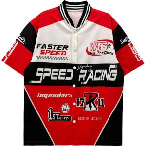 image:imageGORGLITTER Mens Y2k Button Up Shirt Short Sleeve Letter Graphic Varsity Motorcycle Oversized Streetwear TopsRed
