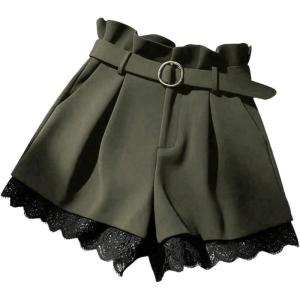 image:imageGORGLITTER Womens Pleated Lace Belted Dress Shorts Wide Leg Tailored Formal Dressy Work Shorts with PocketsArmy Green