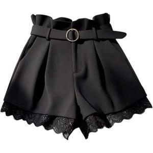 image:imageGORGLITTER Womens Pleated Lace Belted Dress Shorts Wide Leg Tailored Formal Dressy Work Shorts with PocketsBlack