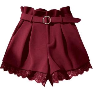 image:imageGORGLITTER Womens Pleated Lace Belted Dress Shorts Wide Leg Tailored Formal Dressy Work Shorts with PocketsBurgundy
