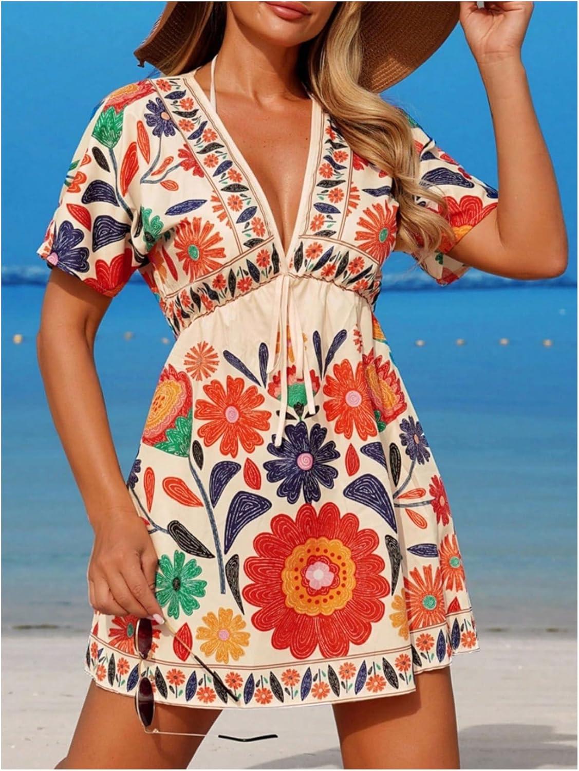 image:imageGORGLITTER Womens Floral Tropical Sun Dress Boho Swimsuit Coverup Bikini Bathing Suit Beach Cover Ups Resort OutfitsMulticolor