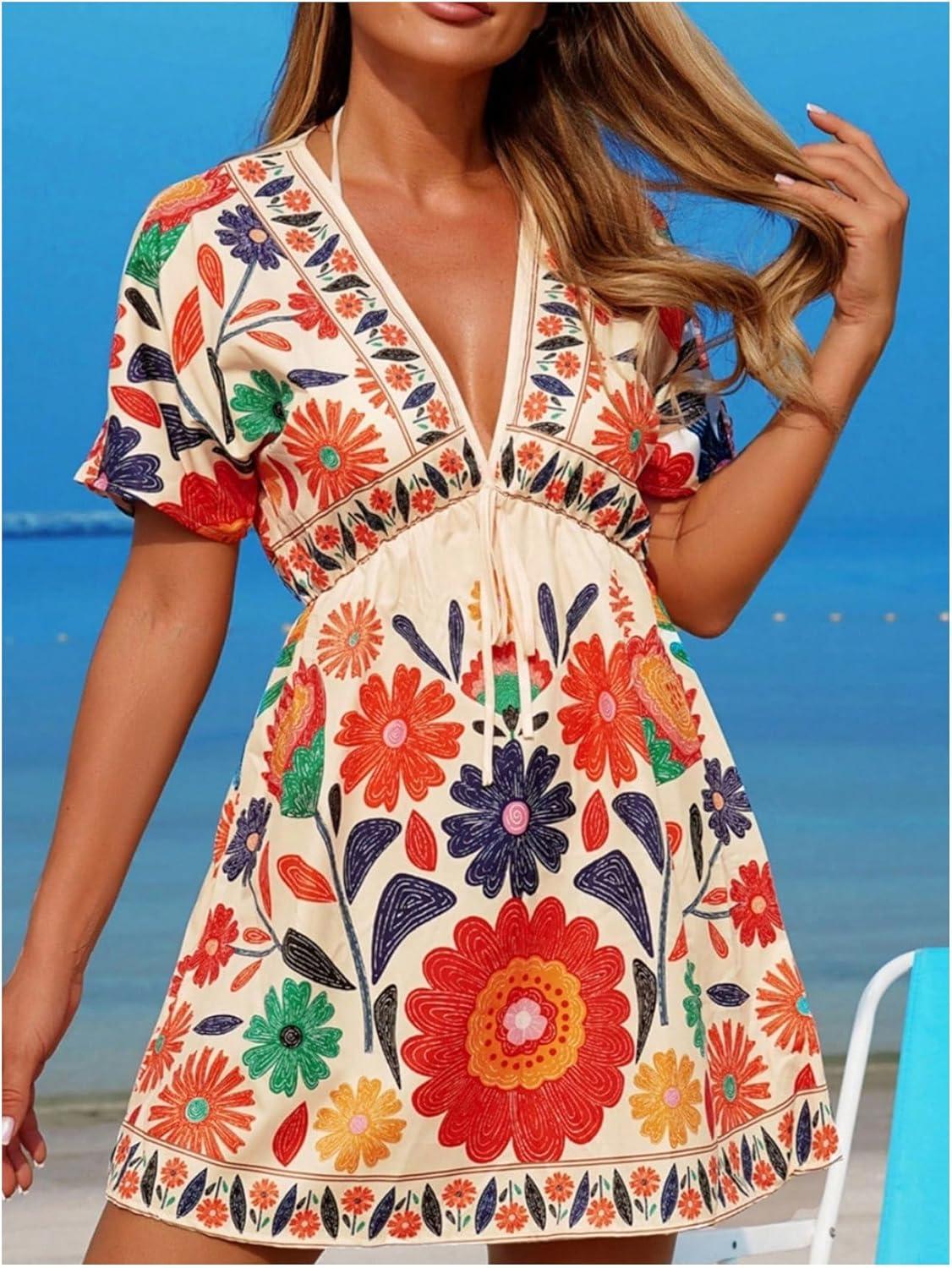 image:imageGORGLITTER Womens Floral Tropical Sun Dress Boho Swimsuit Coverup Bikini Bathing Suit Beach Cover Ups Resort OutfitsMulticolor