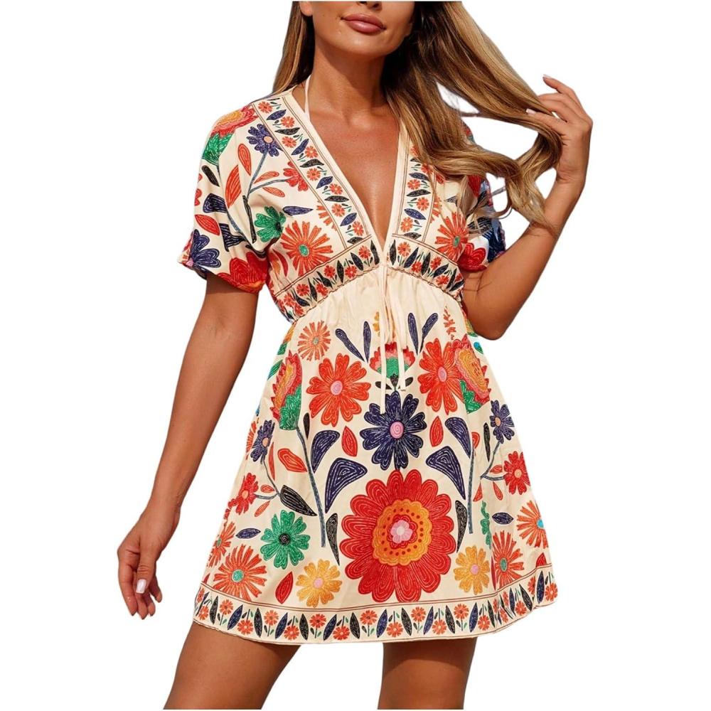image:imageGORGLITTER Womens Floral Tropical Sun Dress Boho Swimsuit Coverup Bikini Bathing Suit Beach Cover Ups Resort OutfitsMulticolor