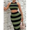 image:imageGORGLITTER Womens 2 Piece Outfit Color Block Striped Halter Top and Ribbed Knit Bodycon Maxi Skirt SetArmy Green