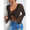 image:imageGORGLITTER Womens Bell Sleeve Tie Front Y2K Tops Classy Cute Sheer Going Out Gothic Concert Mesh Long Sleeve Crop TopsCoffee Brown