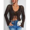 image:imageGORGLITTER Womens Bell Sleeve Tie Front Y2K Tops Classy Cute Sheer Going Out Gothic Concert Mesh Long Sleeve Crop TopsCoffee Brown