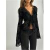 image:imageGORGLITTER Womens Bell Sleeve Tie Front Y2K Tops Classy Cute Sheer Going Out Gothic Concert Mesh Long Sleeve Crop TopsPrint Black