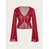 image:imageGORGLITTER Womens Bell Sleeve Tie Front Y2K Tops Classy Cute Sheer Going Out Gothic Concert Mesh Long Sleeve Crop TopsRed