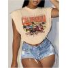 image:imageGORGLITTER Womens Graphic Print Cap Sleeve Crop Top Casual Round Neck Short Sleeve TShirtBeige Letter  Car