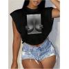 image:imageGORGLITTER Womens Graphic Print Cap Sleeve Crop Top Casual Round Neck Short Sleeve TShirtBlack Figure