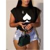 image:imageGORGLITTER Womens Graphic Print Cap Sleeve Crop Top Casual Round Neck Short Sleeve TShirtBlack Poker Print