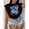 image:imageGORGLITTER Womens Graphic Print Cap Sleeve Crop Top Casual Round Neck Short Sleeve TShirtBlack Racing Car