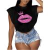 image:imageGORGLITTER Womens Graphic Print Cap Sleeve Crop Top Casual Round Neck Short Sleeve TShirtBlack and Pink Lip Print