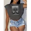 image:imageGORGLITTER Womens Graphic Print Cap Sleeve Crop Top Casual Round Neck Short Sleeve TShirtGrey Figure