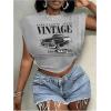 image:imageGORGLITTER Womens Graphic Print Cap Sleeve Crop Top Casual Round Neck Short Sleeve TShirtLight Grey Car  Letter