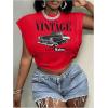 image:imageGORGLITTER Womens Graphic Print Cap Sleeve Crop Top Casual Round Neck Short Sleeve TShirtRed Car  Letter