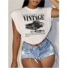 image:imageGORGLITTER Womens Graphic Print Cap Sleeve Crop Top Casual Round Neck Short Sleeve TShirtWhite Car  Letter