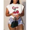 image:imageGORGLITTER Womens Graphic Print Cap Sleeve Crop Top Casual Round Neck Short Sleeve TShirtWhite Cherry  Letter