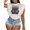 image:imageGORGLITTER Womens Graphic Print Cap Sleeve Crop Top Casual Round Neck Short Sleeve TShirtWhite Figure