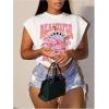 image:imageGORGLITTER Womens Graphic Print Cap Sleeve Crop Top Casual Round Neck Short Sleeve TShirtWhite Mushroom  Letter