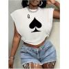 image:imageGORGLITTER Womens Graphic Print Cap Sleeve Crop Top Casual Round Neck Short Sleeve TShirtWhite Poker Print
