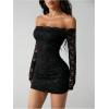 image:imageGORGLITTER Womens Lace Long Sleeves Mini Dress Y2K Fall Sexy Off The Shoulder Bodycon Night Out Birthday Party DressesBlack