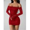 image:imageGORGLITTER Womens Lace Long Sleeves Mini Dress Y2K Fall Sexy Off The Shoulder Bodycon Night Out Birthday Party DressesRed