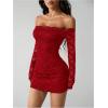 image:imageGORGLITTER Womens Lace Long Sleeves Mini Dress Y2K Fall Sexy Off The Shoulder Bodycon Night Out Birthday Party DressesRed