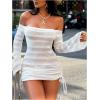 image:imageGORGLITTER Womens Off The Shoulder Sheer Swimsuit Coverup Crochet Bell Sleeve Ruched Cover Up DressWhite