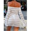 image:imageGORGLITTER Womens Off The Shoulder Sheer Swimsuit Coverup Crochet Bell Sleeve Ruched Cover Up DressWhite