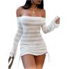image:imageGORGLITTER Womens Off The Shoulder Sheer Swimsuit Coverup Crochet Bell Sleeve Ruched Cover Up DressWhite