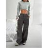 image:imageGORGLITTER Womens Plaid Low Rise Trousers Dress Pants Casual Loose Pants Baggy Flannel Gingham Wide Leg PantsGrey