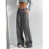image:imageGORGLITTER Womens Plaid Low Rise Trousers Dress Pants Casual Loose Pants Baggy Flannel Gingham Wide Leg PantsTall Dark Grey