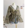 image:imageGORGLITTER Womens Plus Size Mesh Bell Sleeve Top 70s Tie Front Paisley Boho Peplum Babydoll Tops BlouseGreen Graphic
