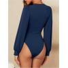 image:imageGORGLITTER Womens Sexy Ruched Deep V Neck Long Sleeve Bodysuit Plunging Neckline Leotard ShirtsBlue