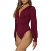 image:imageGORGLITTER Womens Sexy Ruched Deep V Neck Long Sleeve Bodysuit Plunging Neckline Leotard ShirtsBurgundy