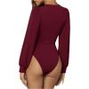 image:imageGORGLITTER Womens Sexy Ruched Deep V Neck Long Sleeve Bodysuit Plunging Neckline Leotard ShirtsBurgundy
