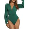 image:imageGORGLITTER Womens Sexy Ruched Deep V Neck Long Sleeve Bodysuit Plunging Neckline Leotard ShirtsGreen