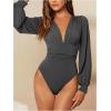 image:imageGORGLITTER Womens Sexy Ruched Deep V Neck Long Sleeve Bodysuit Plunging Neckline Leotard ShirtsGrey
