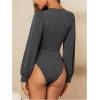 image:imageGORGLITTER Womens Sexy Ruched Deep V Neck Long Sleeve Bodysuit Plunging Neckline Leotard ShirtsGrey