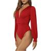 image:imageGORGLITTER Womens Sexy Ruched Deep V Neck Long Sleeve Bodysuit Plunging Neckline Leotard ShirtsRed
