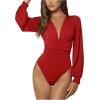 image:imageGORGLITTER Womens Sexy Ruched Deep V Neck Long Sleeve Bodysuit Plunging Neckline Leotard ShirtsRed