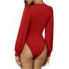 image:imageGORGLITTER Womens Sexy Ruched Deep V Neck Long Sleeve Bodysuit Plunging Neckline Leotard ShirtsRed